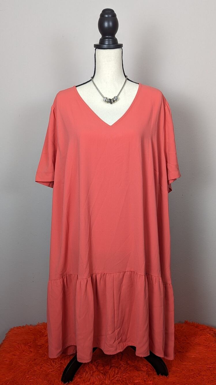 NWT A New Day Women's Coral Pink V Neck Flutter Short Sleeve Tiered Dress 2X